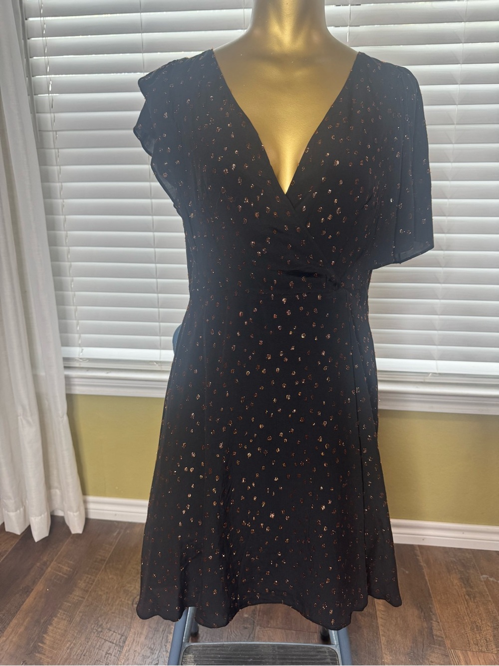 Madewell Black Mini Wrap Dress with Copper Dot Print